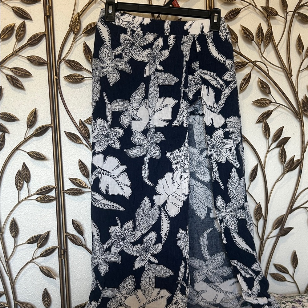 Navy Floral Maxi Skirt with White Botanical Print